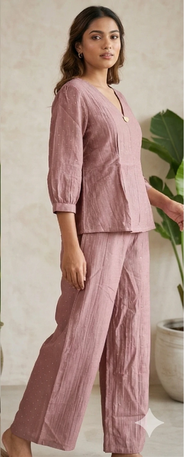 Dusty Rose Shimmer Crepe Co-ord Set with Gold Hardware Detail