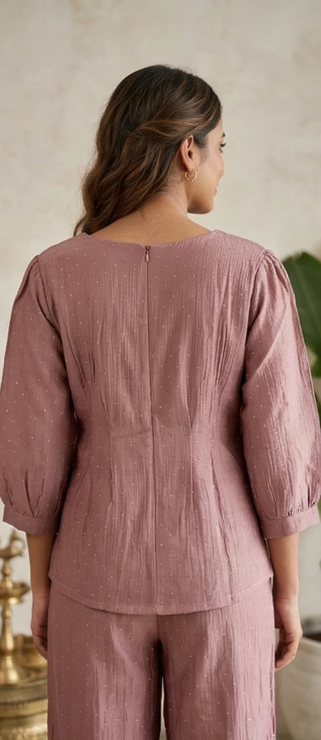 Dusty Rose Shimmer Crepe Co-ord Set with Gold Hardware Detail