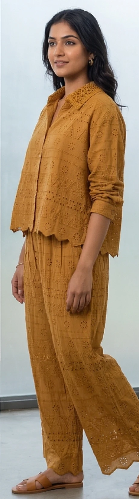 Mustard Yellow Cotton Eyelet Co-ord Set with Scalloped Hem