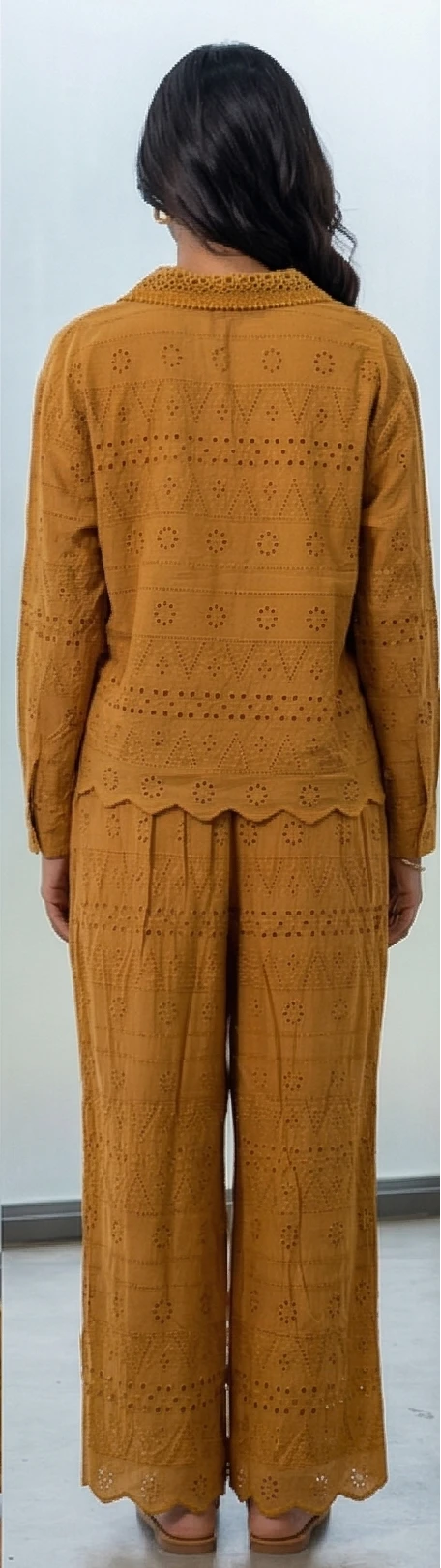 Mustard Yellow Cotton Eyelet Co-ord Set with Scalloped Hem