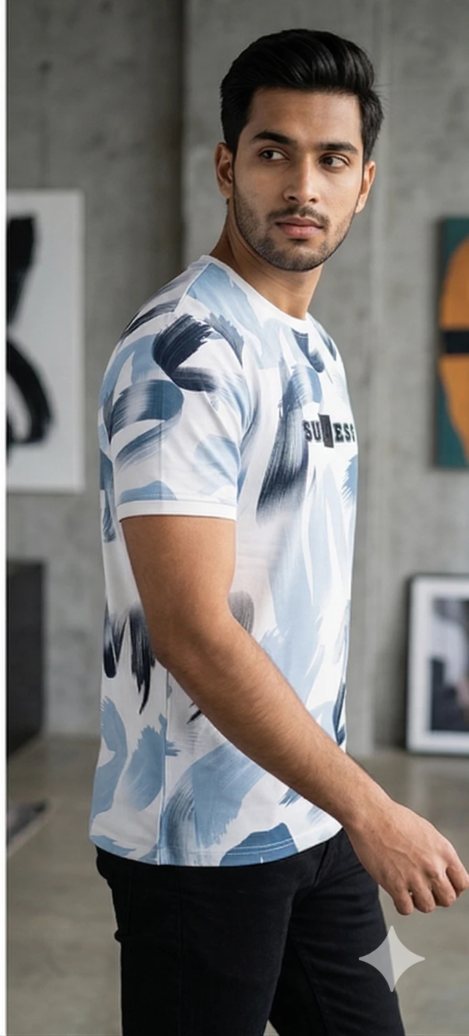 Men's White T-Shirt with Blue Abstract Brushstroke Print – "SUCCESS" Graphic Tee