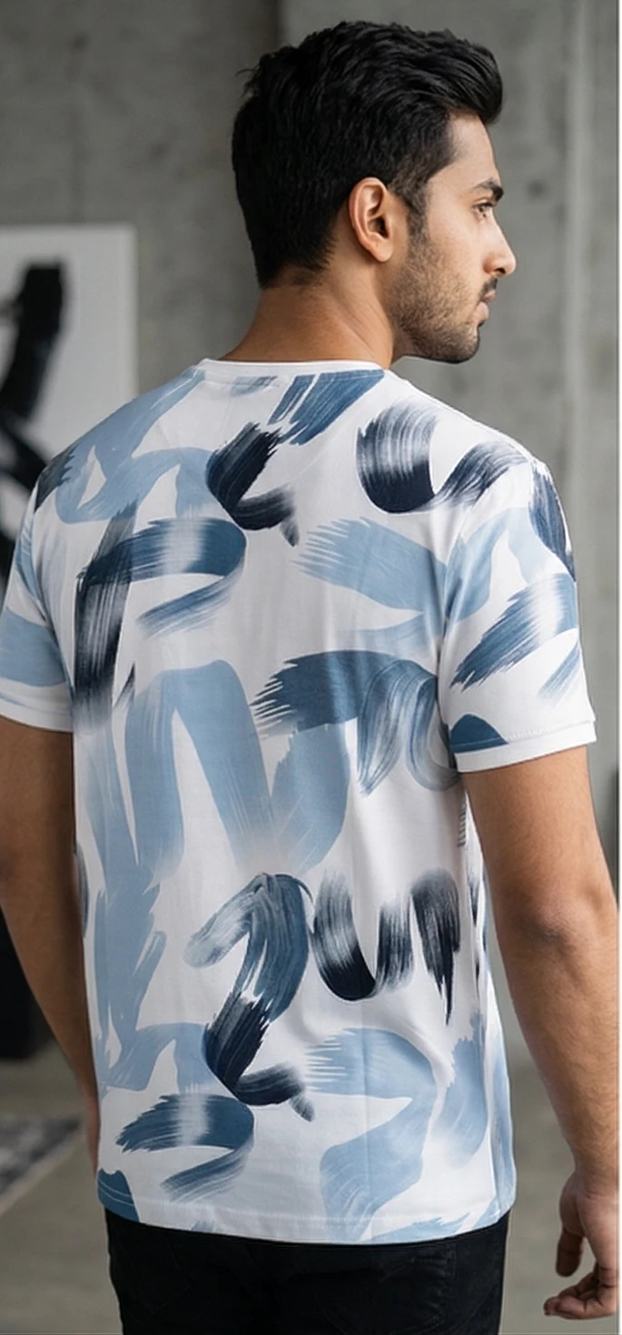 Men's White T-Shirt with Blue Abstract Brushstroke Print – "SUCCESS" Graphic Tee