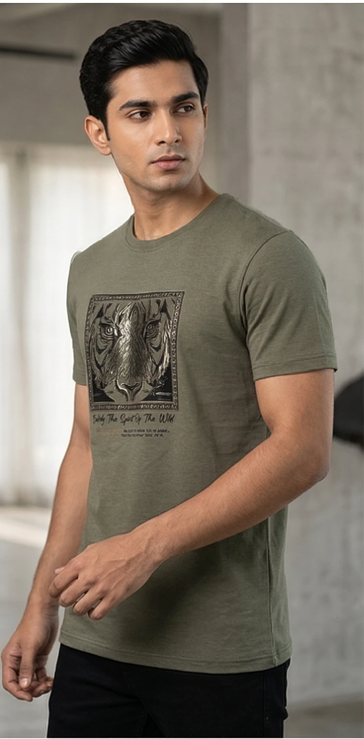 Roadster Men Olive Green Tiger Printed Crew Neck T-shirt