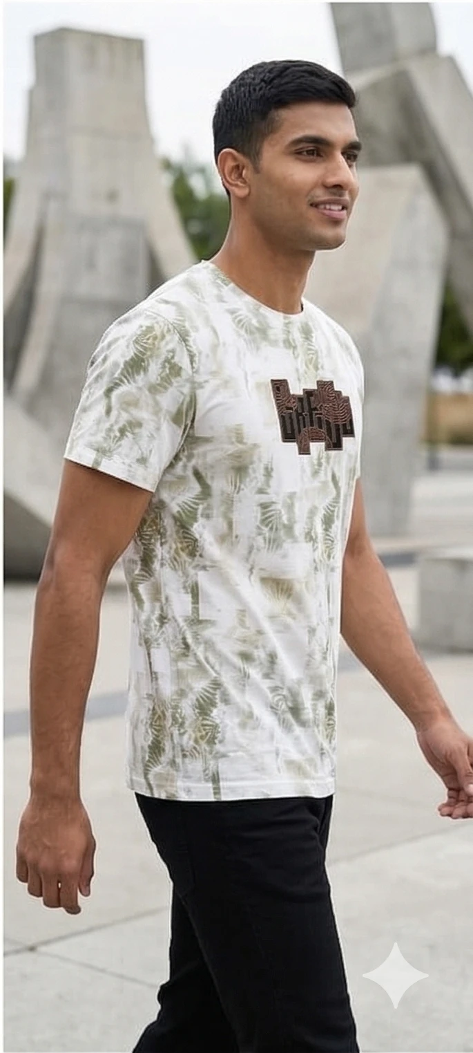 StyleCast Men Cream & Olive Green Abstract Textured Printed T-shirt