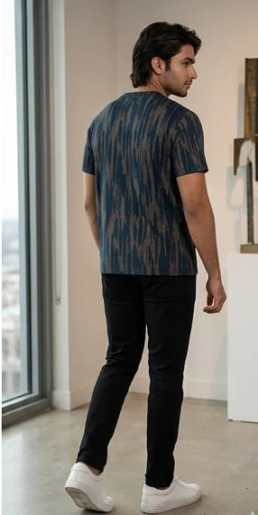 Men Teal Blue & Brown Abstract Printed Pure Cotton T-shirt