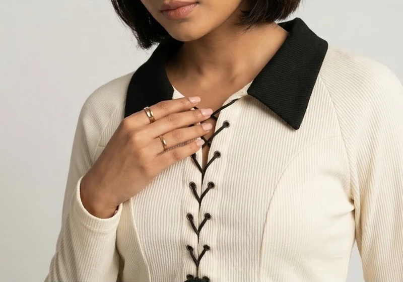 Long Sleeve Tie-Front Ribbed Crop Top - Cream & Black