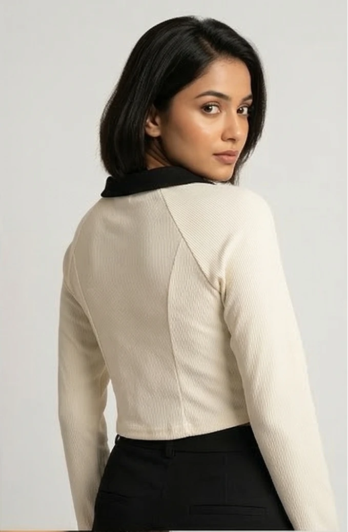 Long Sleeve Tie-Front Ribbed Crop Top - Cream & Black