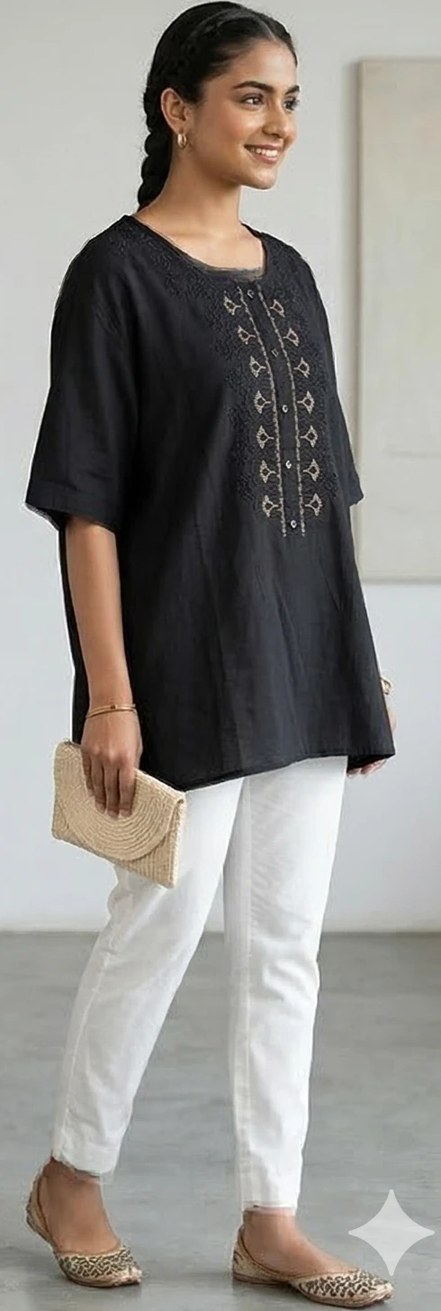 Black Embroidered Short-Sleeve Women's Top