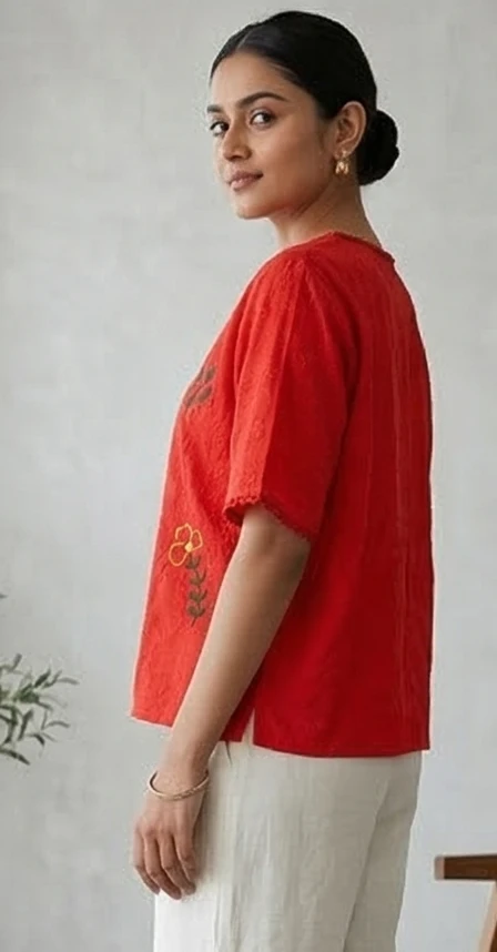 Vibrant Red Embroidered Cotton top - Casual Summer Wear