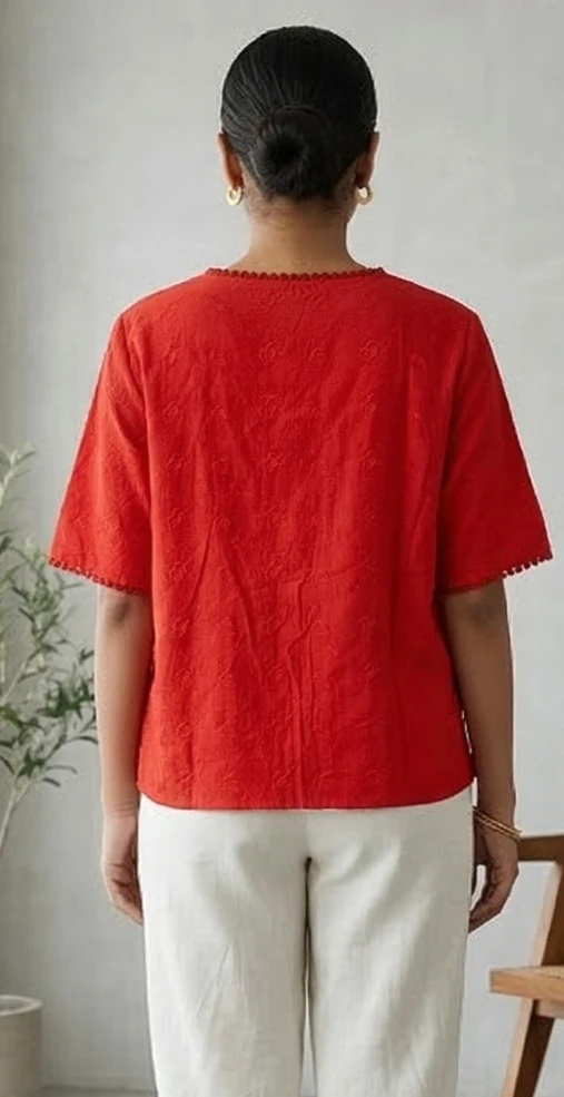Vibrant Red Embroidered Cotton top - Casual Summer Wear