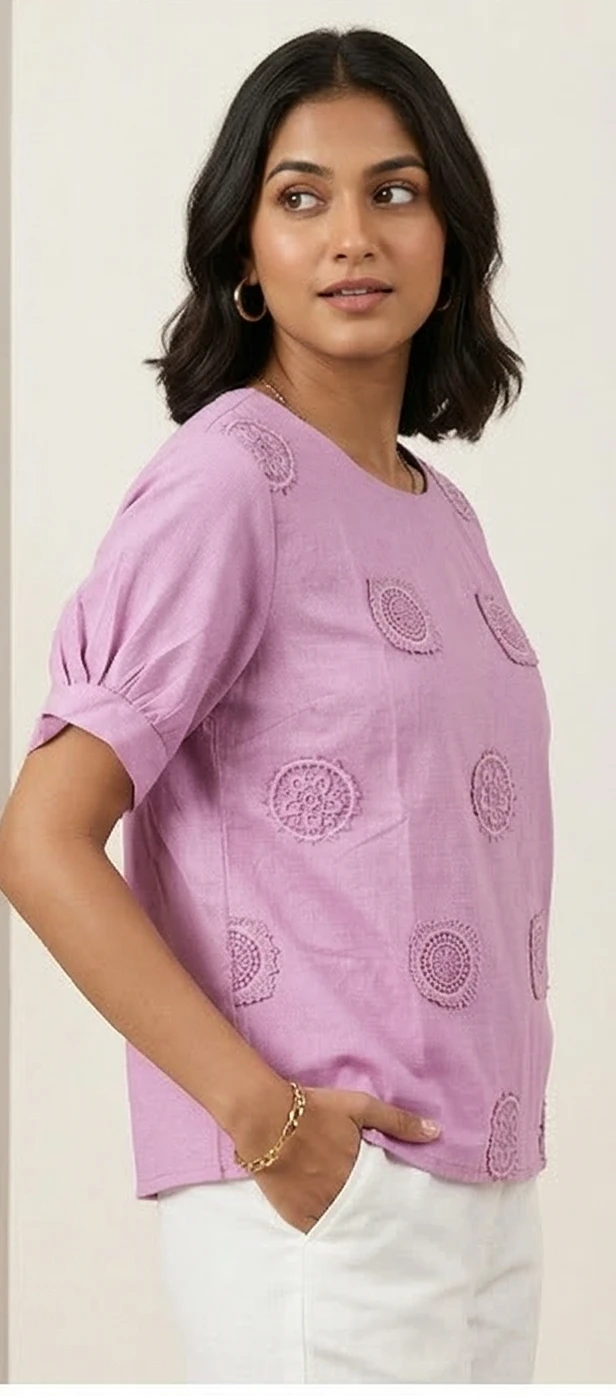 Women Lavender Embroidered Pure Cotton A-Line Top