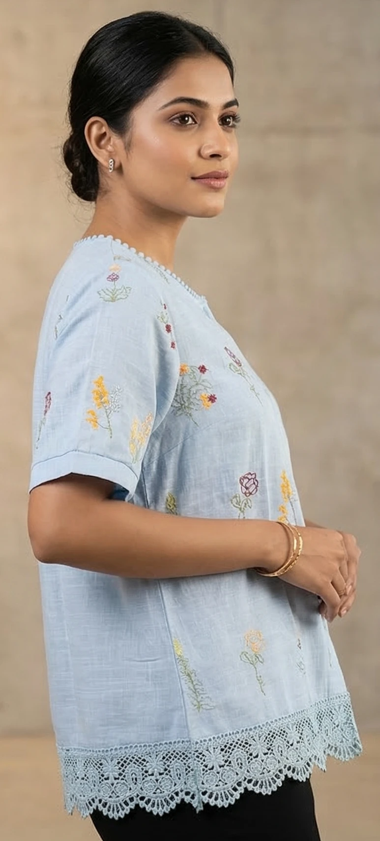 Women’s sky  Blue Floral Embroidered Linen Top with Scalloped Lace Hem