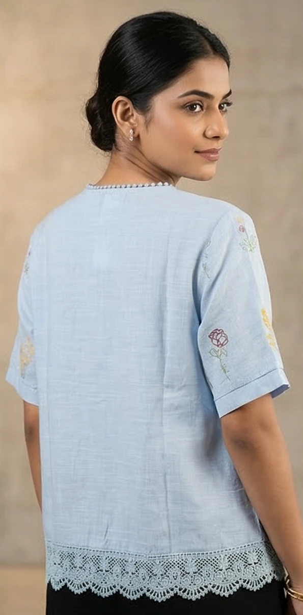 Women’s sky  Blue Floral Embroidered Linen Top with Scalloped Lace Hem