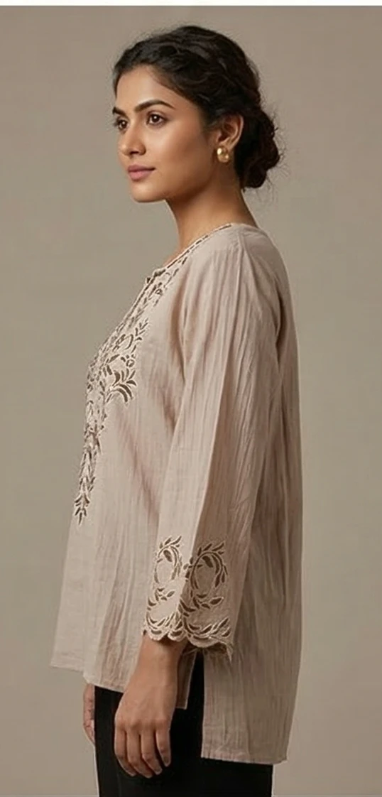 Taupe Embroidered A-Line Tunic with Scalloped Sleeves