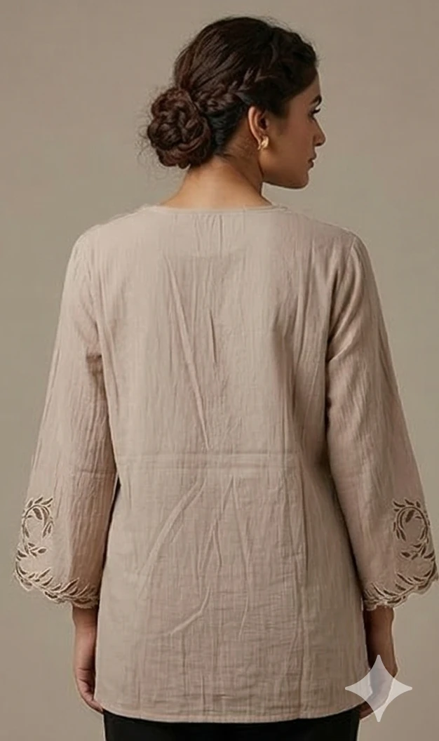 Taupe Embroidered A-Line Tunic with Scalloped Sleeves