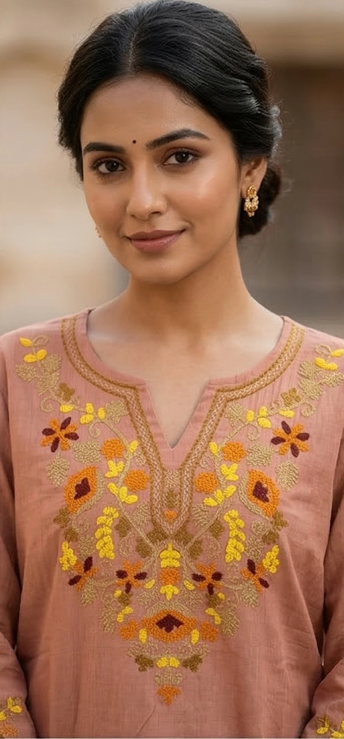 Embroidered V-Neck Cotton Tunic with Floral Motif