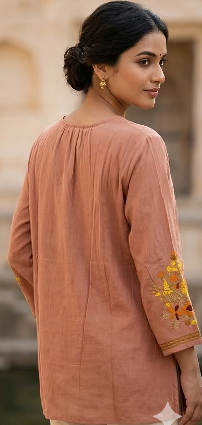 Embroidered V-Neck Cotton Tunic with Floral Motif