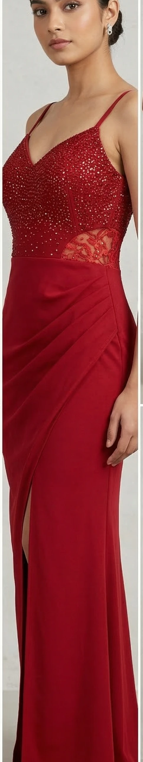 Women's Deep Red Embellished Sweetheart Neck Gown with Lace Waist and Thigh-High Slit