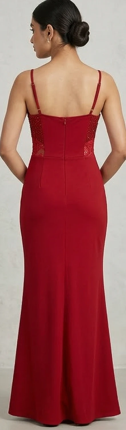 Women's Deep Red Embellished Sweetheart Neck Gown with Lace Waist and Thigh-High Slit