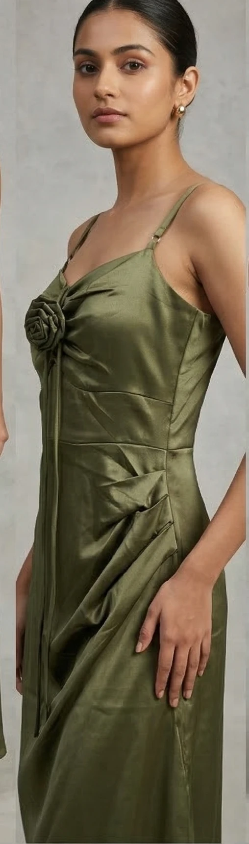 Athena Lifestyle Olive Green Satin Rosette Detailed Gown
