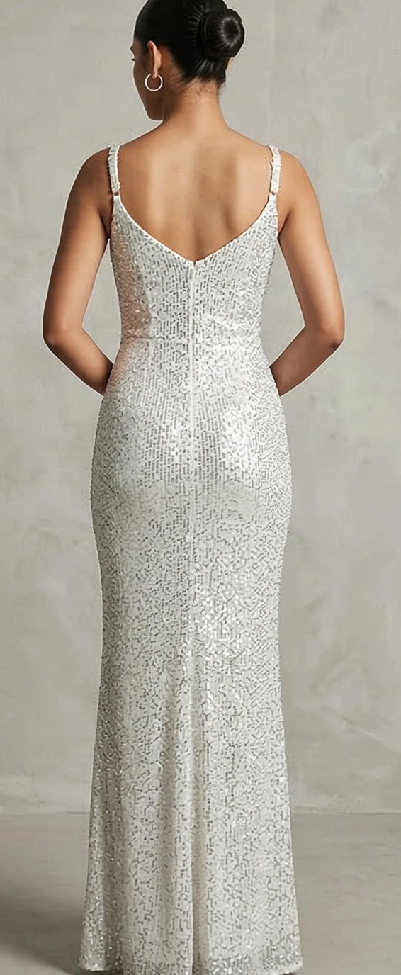 Shimmering Silver Sequin Column Gown with Sleek Straps & V-Back Detail