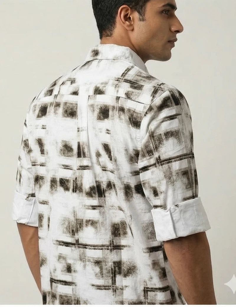 Men's Abstract Grayscale Plaid Button-Down Shirt – "Early Morning Center" Graphic Workshirt