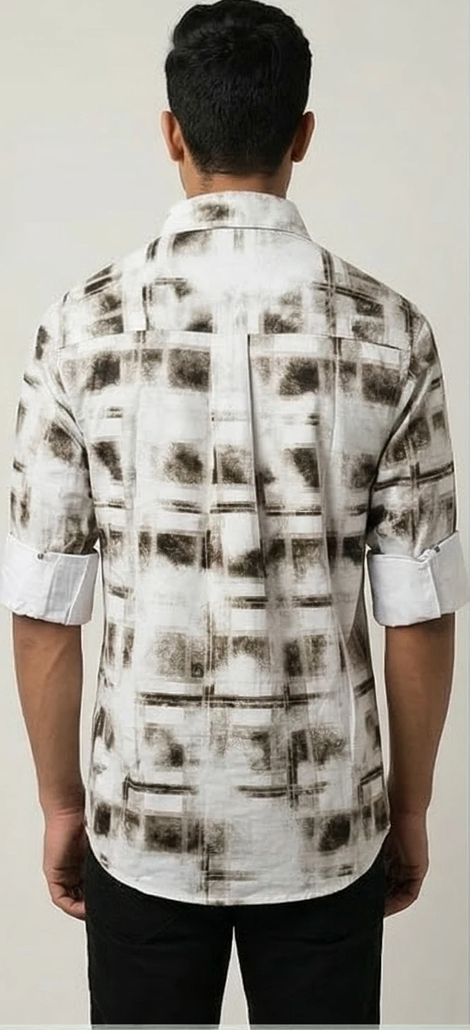 Men's Abstract Grayscale Plaid Button-Down Shirt – "Early Morning Center" Graphic Workshirt