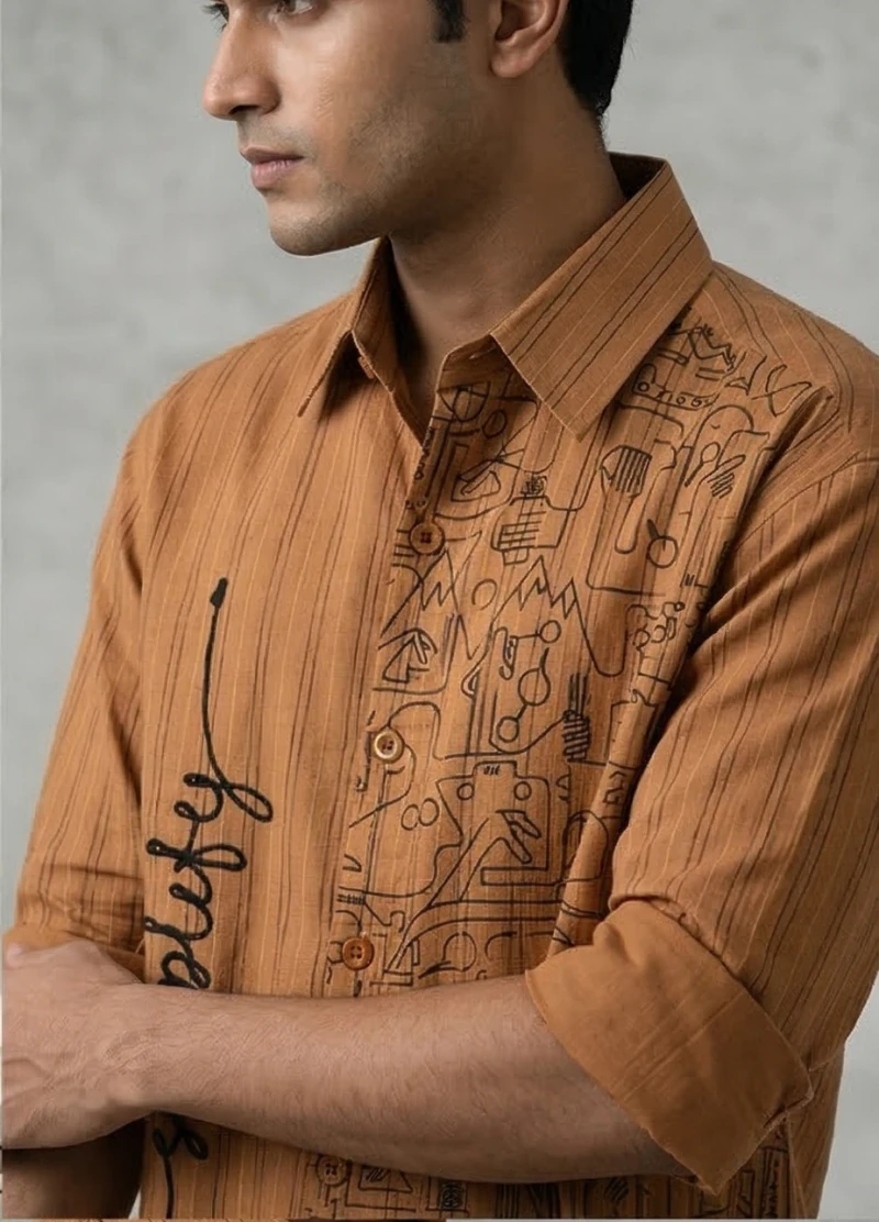 Men’s Rust Brown Cotton Shirt with Vertical Stripes and Hand-Drawn Abstract Print
