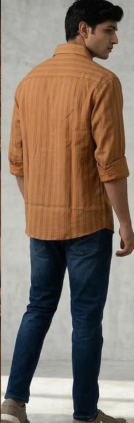 Men’s Rust Brown Cotton Shirt with Vertical Stripes and Hand-Drawn Abstract Print