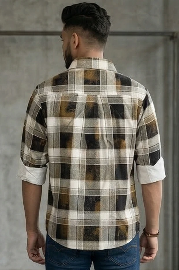 Men Brown & Black Checked Boxy Fit Casual Shirt with Graphic Print