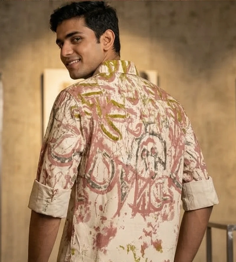 Men's Beige & Rust Abstract Graphic Print Shirt