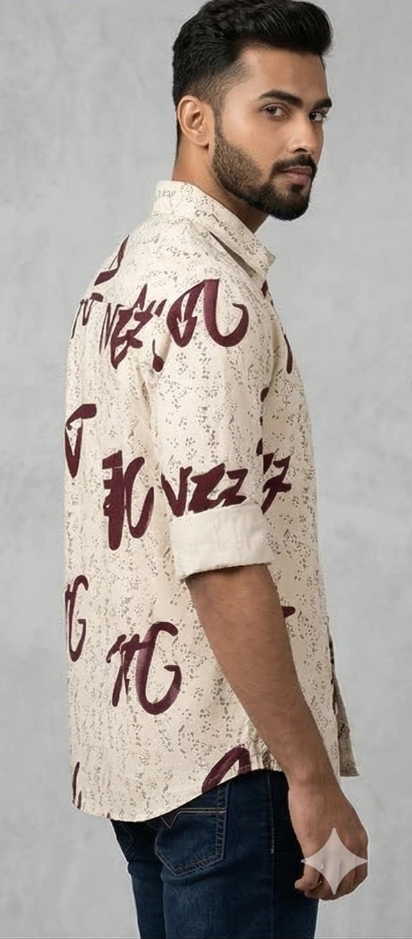 Men’s Cream Script Print Shirt with Deep Maroon Typography