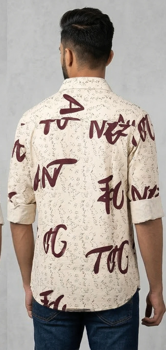 Men’s Cream Script Print Shirt with Deep Maroon Typography