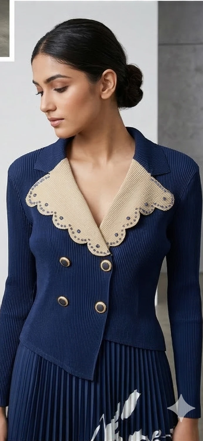 Midnight Blue Scalloped Collar Pleated Set
