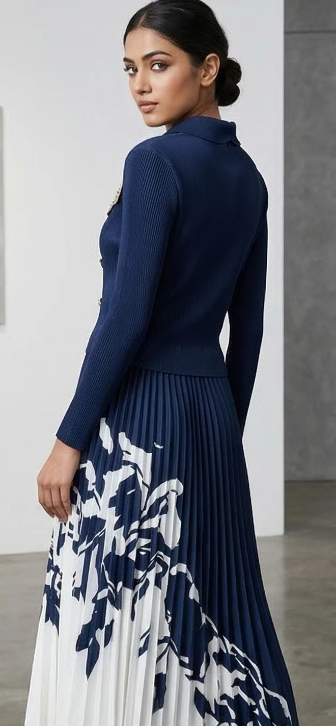 Midnight Blue Scalloped Collar Pleated Set