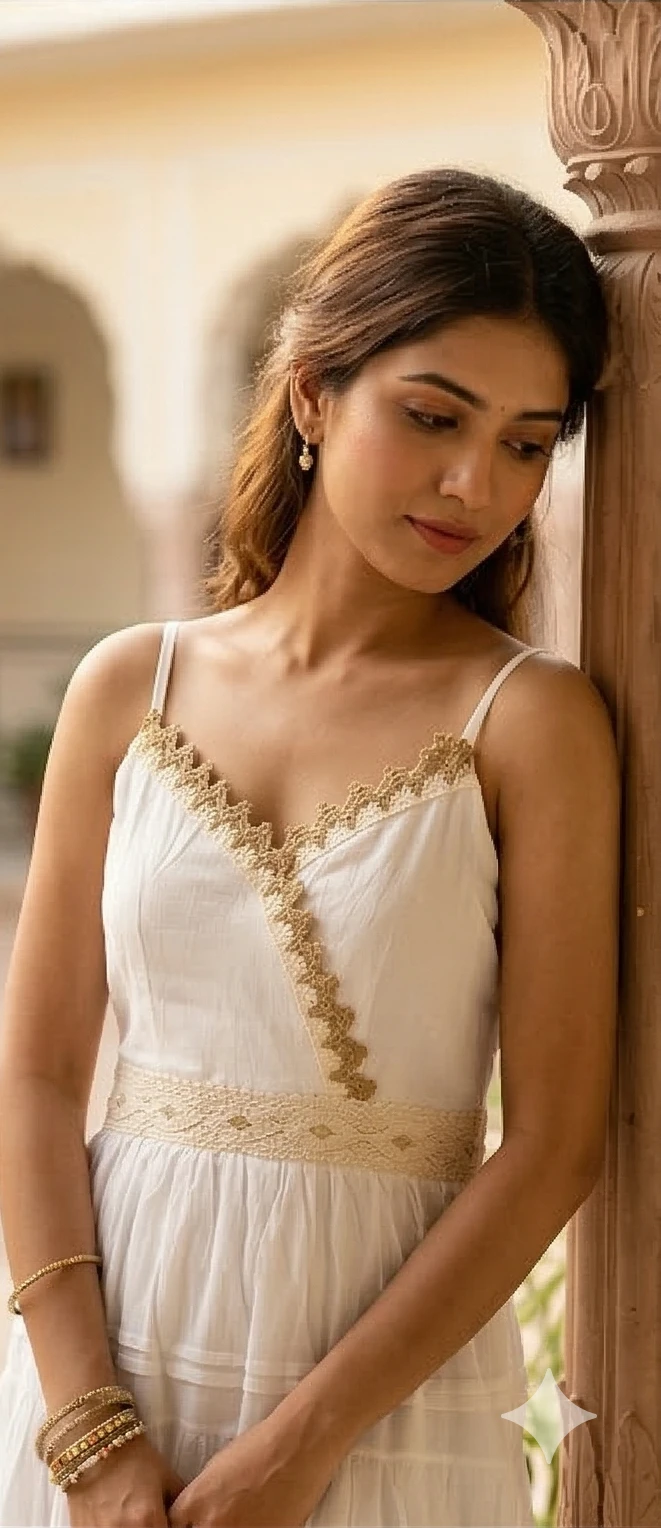 White Summer Sundress with Scalloped Gold Lace