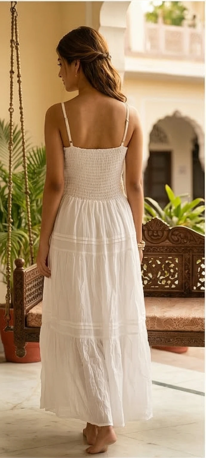 White Summer Sundress with Scalloped Gold Lace