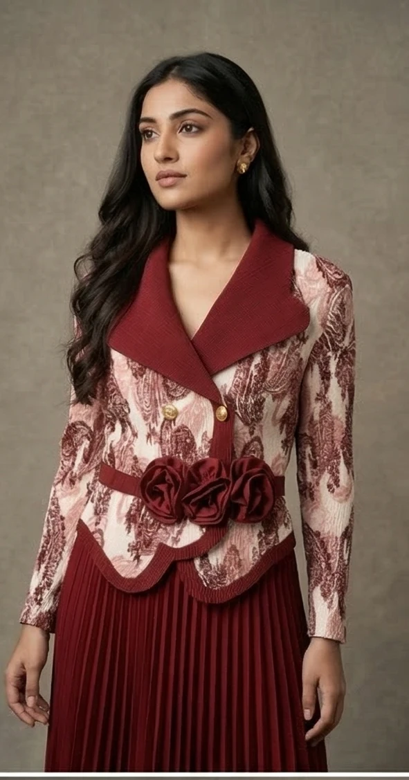 Inspired Maroon Pleated with Floral Waist Appliqué and Patterned Blazer