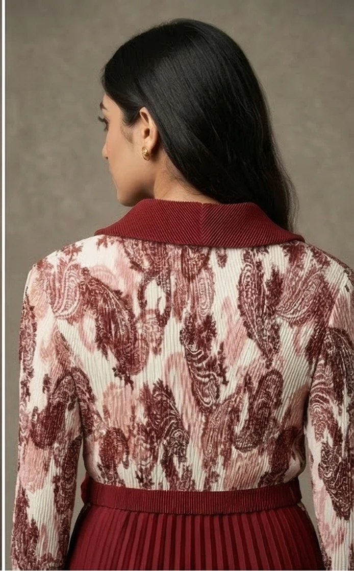 Inspired Maroon Pleated with Floral Waist Appliqué and Patterned Blazer