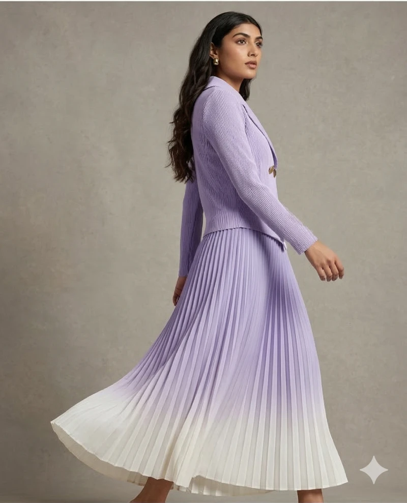 Women Lavender Ribbed Notch-Lapel Blazer with Ombre Pleated Midi Skirt