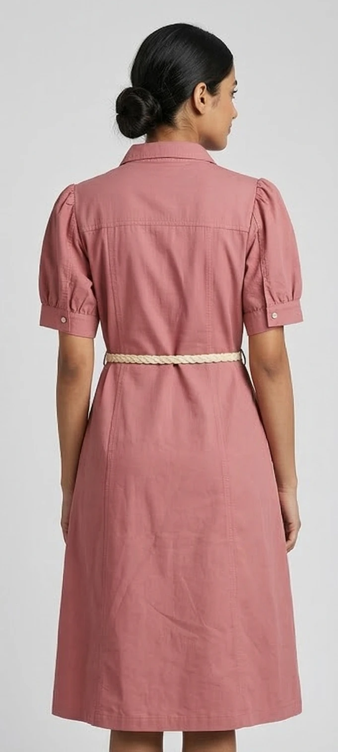 Dusty Rose Utility Midi Dress – Featuring Puff Shoulders and Woven Belt