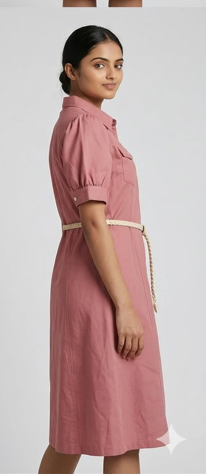 Dusty Rose Utility Midi Dress – Featuring Puff Shoulders and Woven Belt