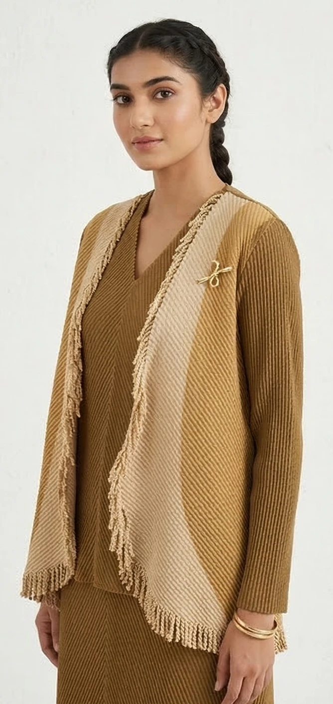 Two-Piece Set with Fringed Open-Front Vest and Matching Skirt