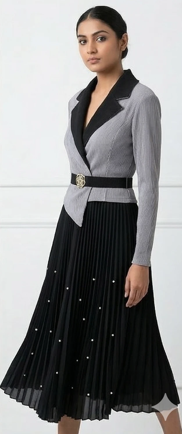 Women’s Long Sleeve Pleated Patchwork Dress with Belted Floral Buckle and Pearl Embellished Skirt