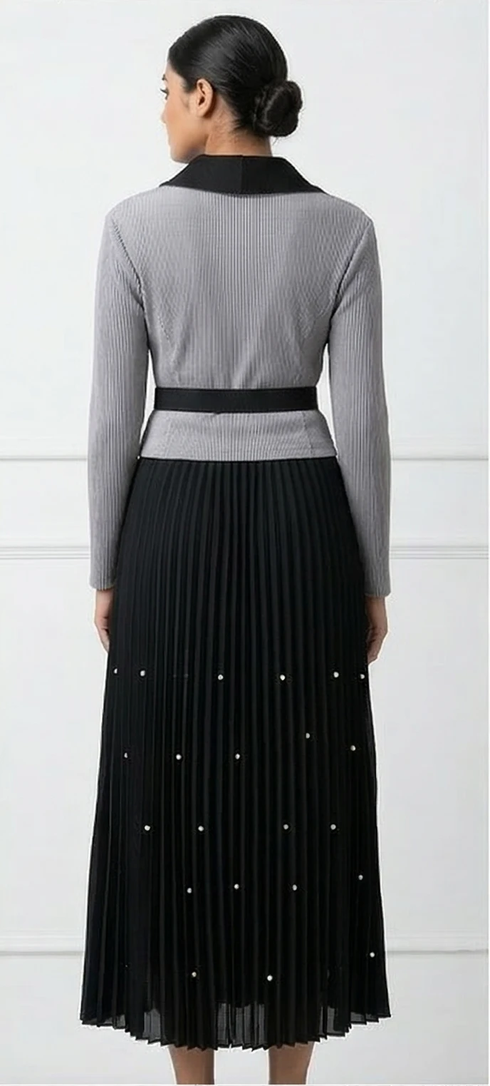 Women’s Long Sleeve Pleated Patchwork Dress with Belted Floral Buckle and Pearl Embellished Skirt