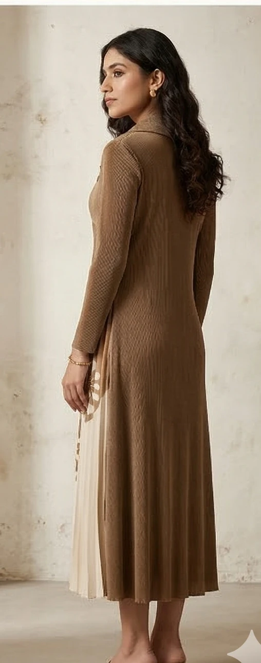 Asymmetric Pleated Midi Dress with Contrast Lapel and Floral Panel