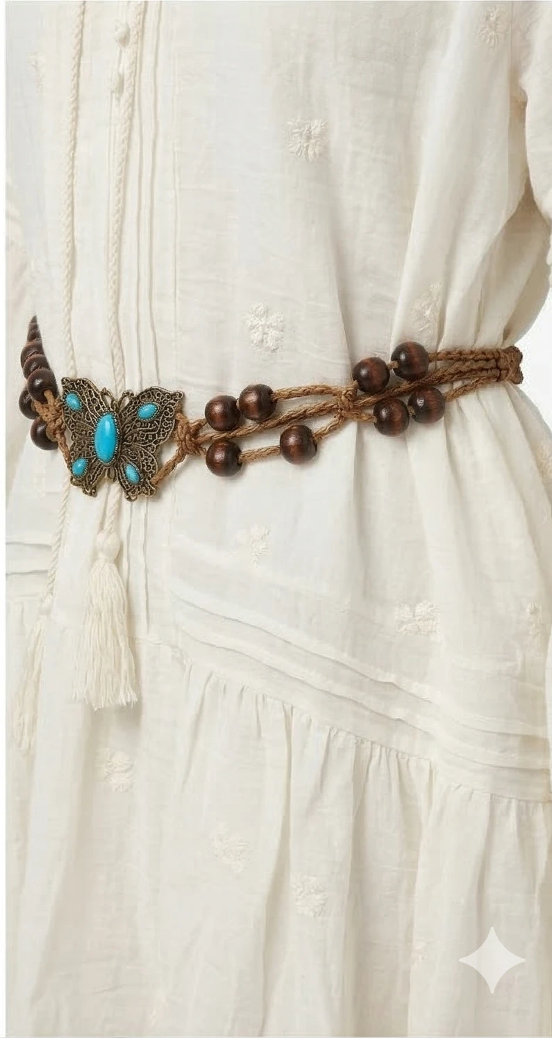 Women’s White Embroidered Boho Mini Dress with Beaded Butterfly Turquoise Belt
