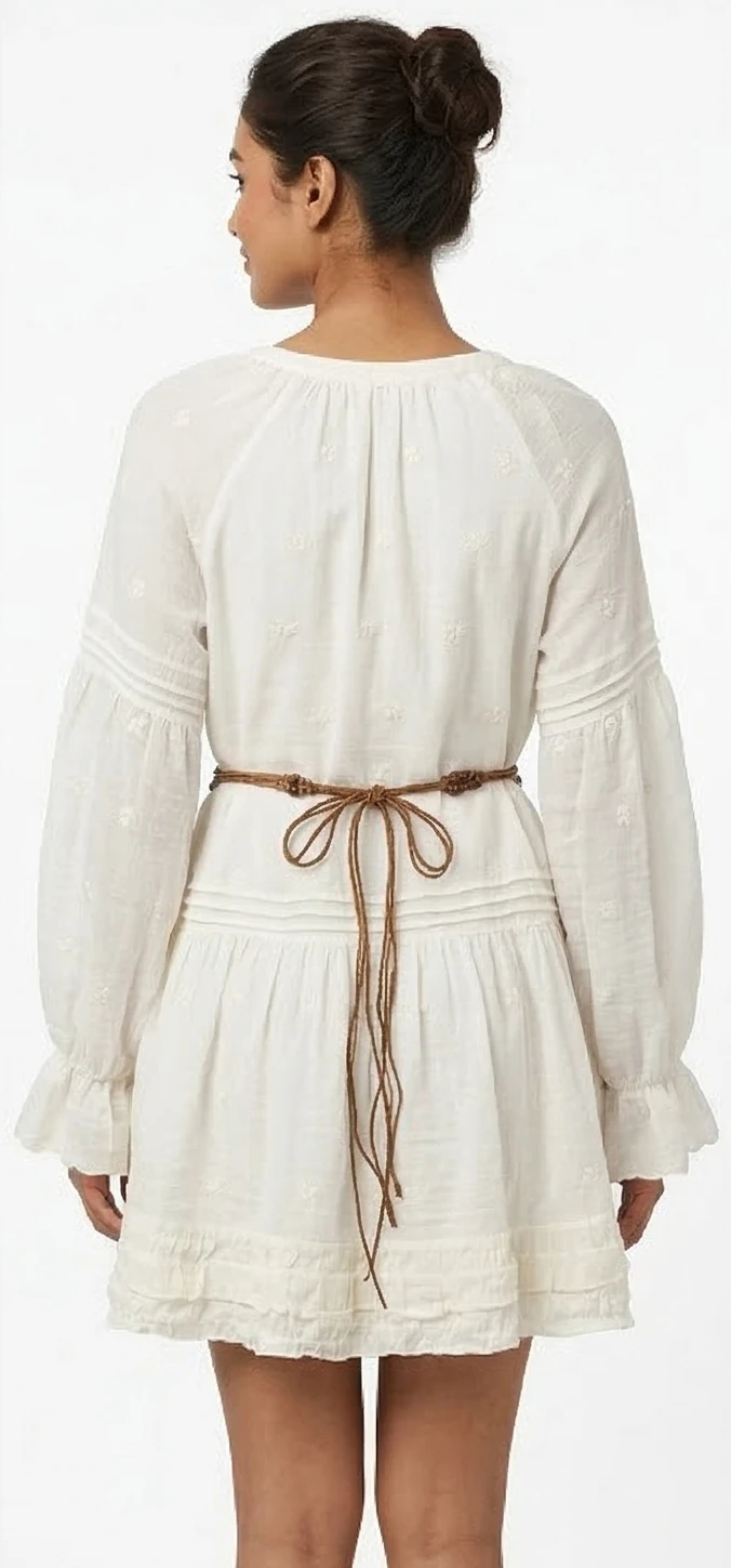 Women’s White Embroidered Boho Mini Dress with Beaded Butterfly Turquoise Belt