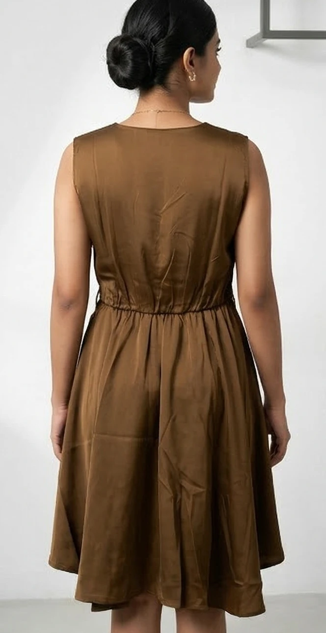 Women's Bronze Satin V-Neck Sleeveless Midi Dress with Crystal Buckle Belt