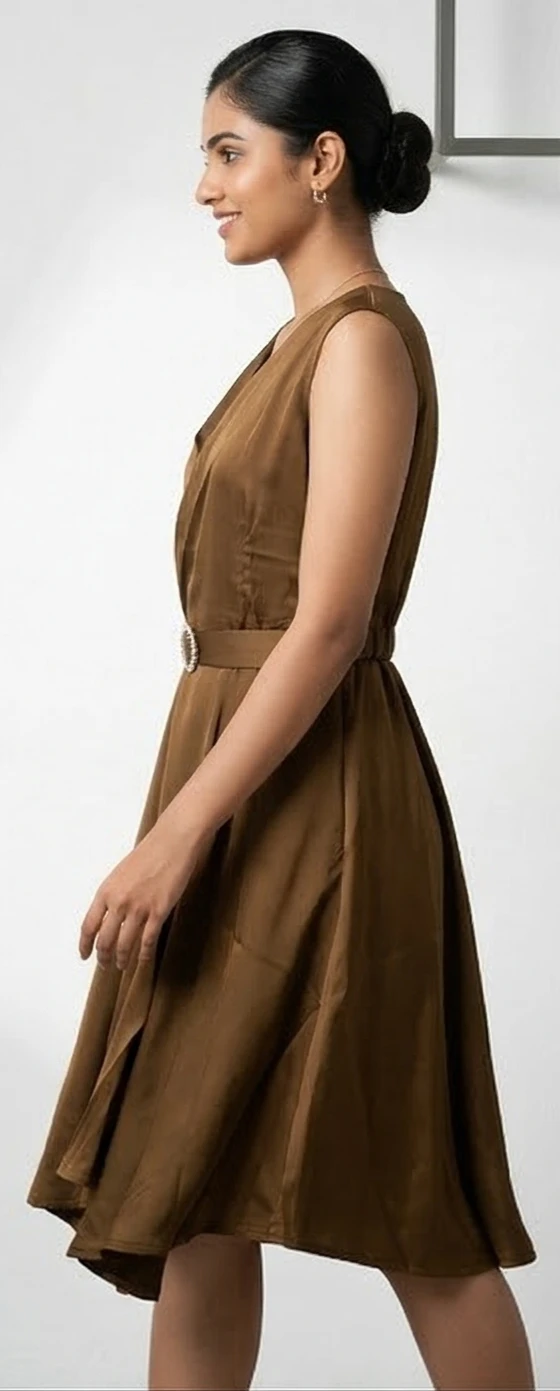 Women's Bronze Satin V-Neck Sleeveless Midi Dress with Crystal Buckle Belt